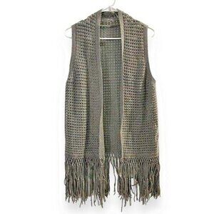 Elie Tahari Open Weave Long Vest Whimsigoth Fringed Wool Cashmere Gray Small